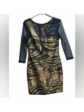 Bebe black bobycon long sleeve golden sequin mini dress size small